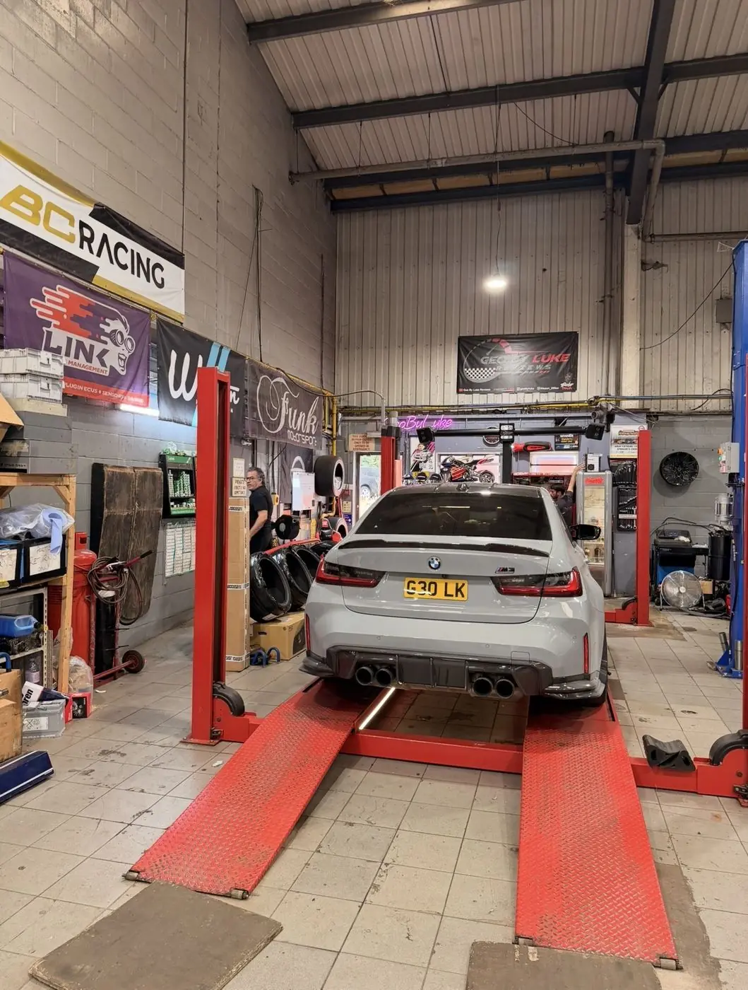 A BMW M3 in the workshop